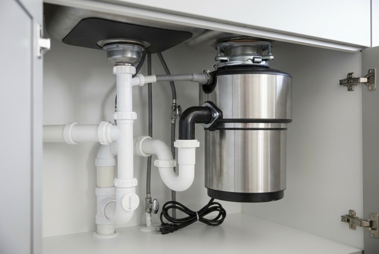 Stainless steel garbage disposal unit under a sink