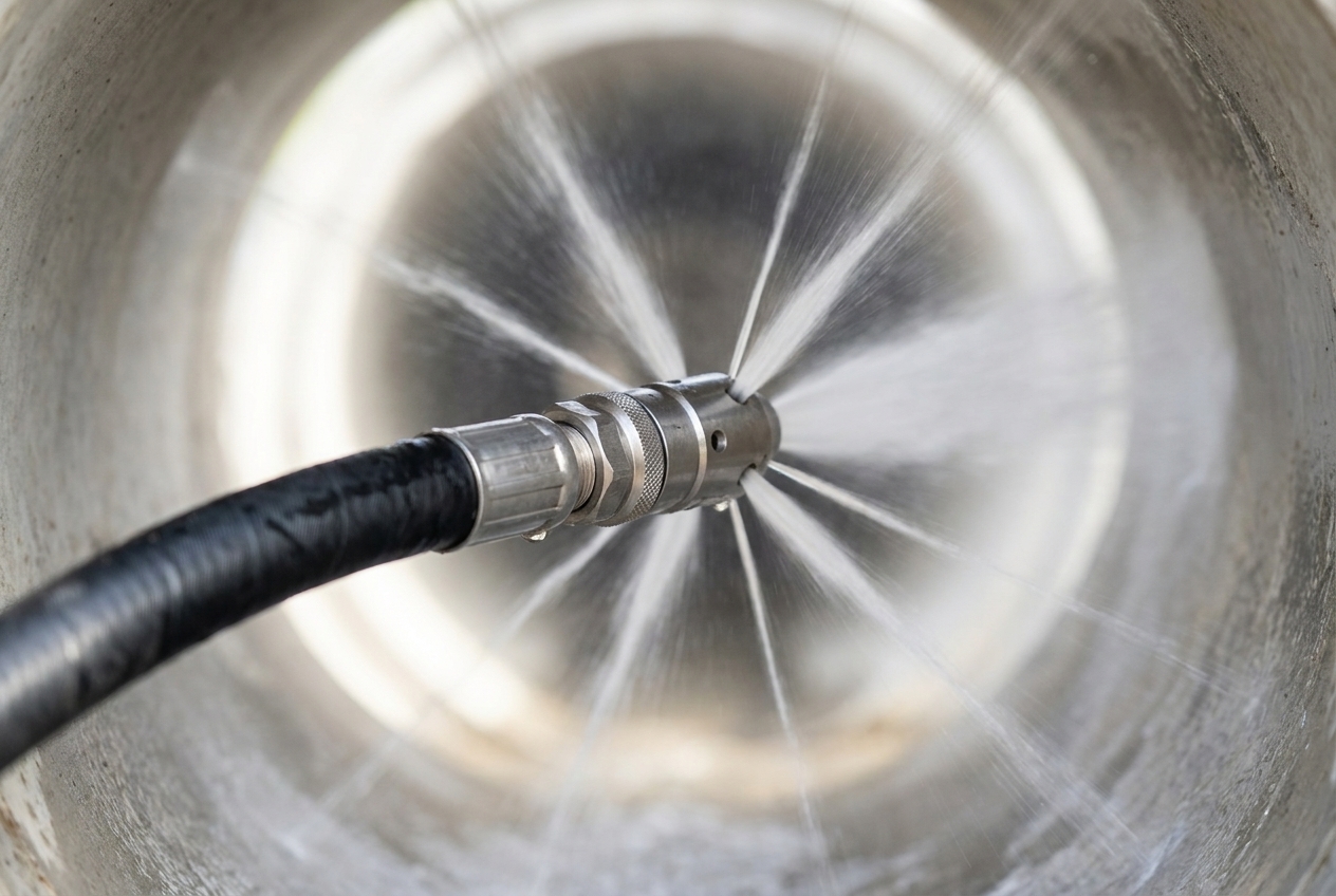 High-pressure hydro jetting nozzle scouring a pipe