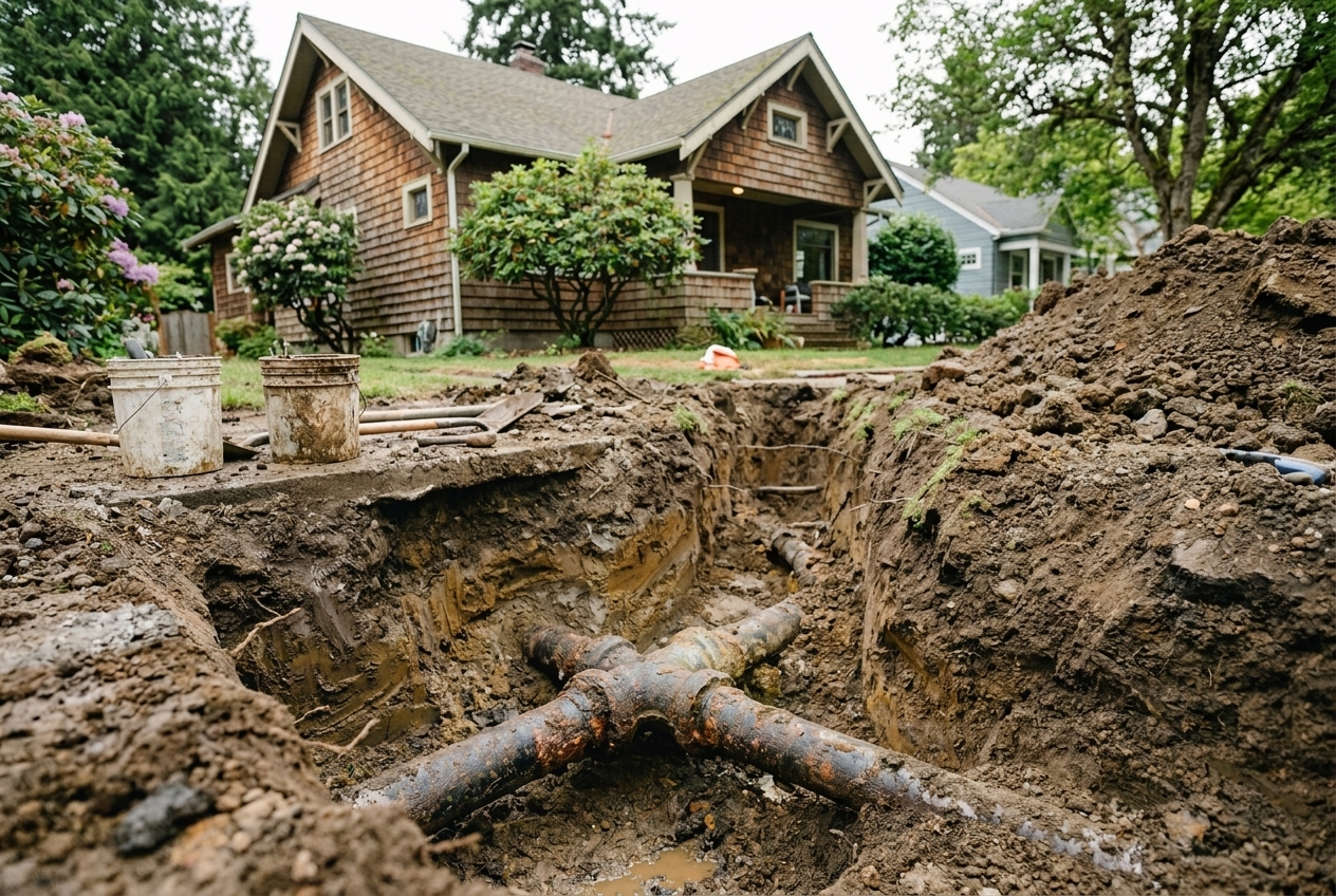 Excavated shared sewer lateral in a trench