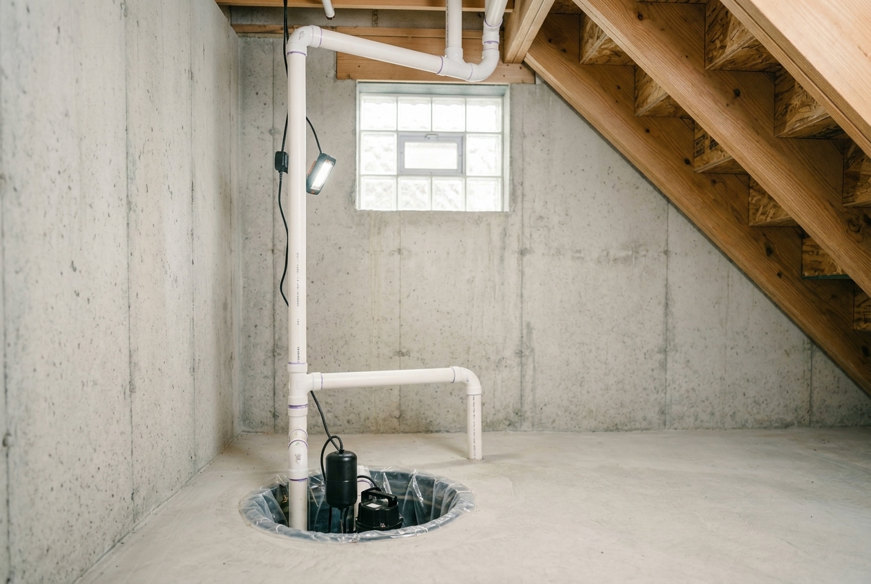 Sump pump system in a residential basement