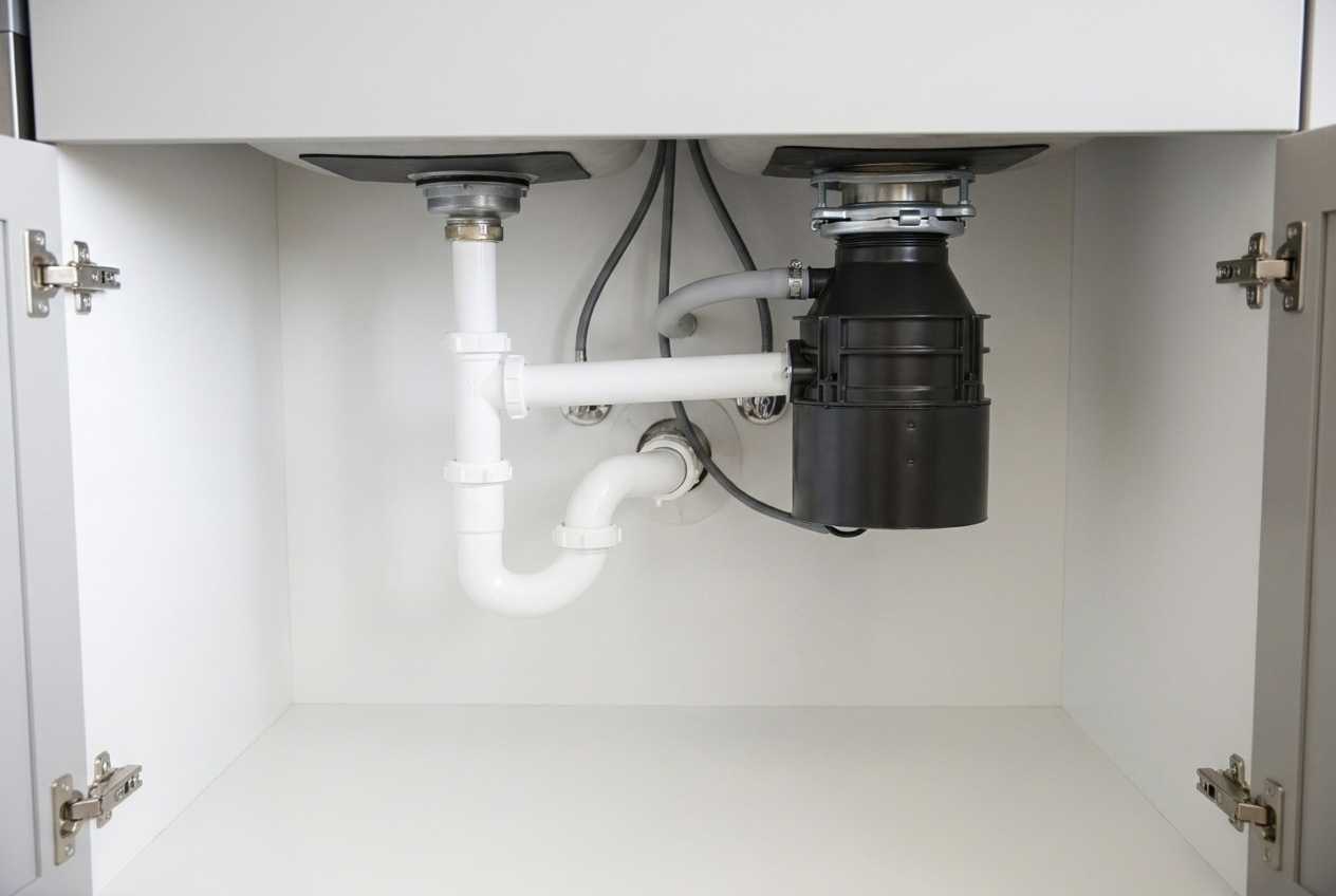 Under-sink plumbing with a garbage disposal